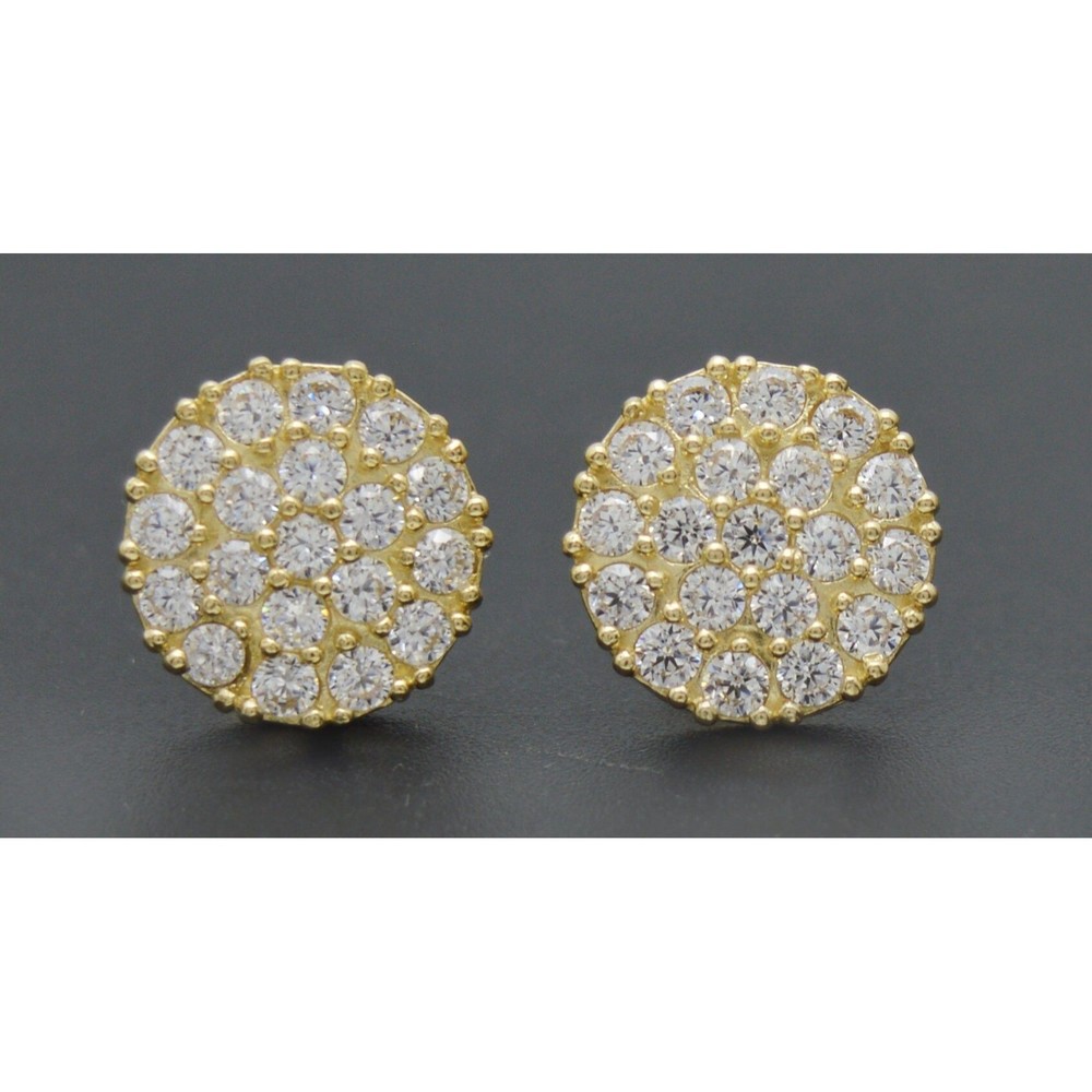 Real 10K Solid Yellow Gold 11.3mm Men CZ Halo Circle Cluster Stud Earrings 2.2gr